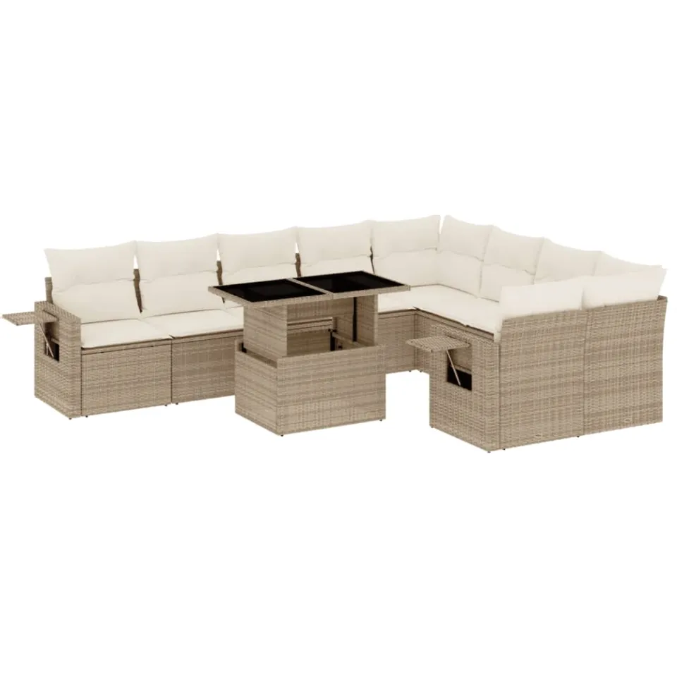 vidaXL 10-delige Loungeset met kussens poly rattan beige, foto 3