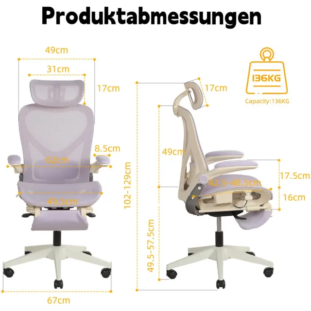 FloraGrace Bureaustoel 67 cm - Opklapbare Armleuningen, 3D Hoofdsteun En Lendensteun - Voor Werk, Studie En Gamen - Netstof - Paars