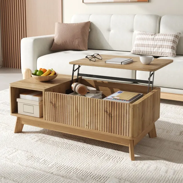 STILVORA Salontafel - Hefbaar Tafelblad En Verborgen Opbergruimte - Voor Woonkamer - MDF - 95x48x50 Cm - Naturel Wit Bruin