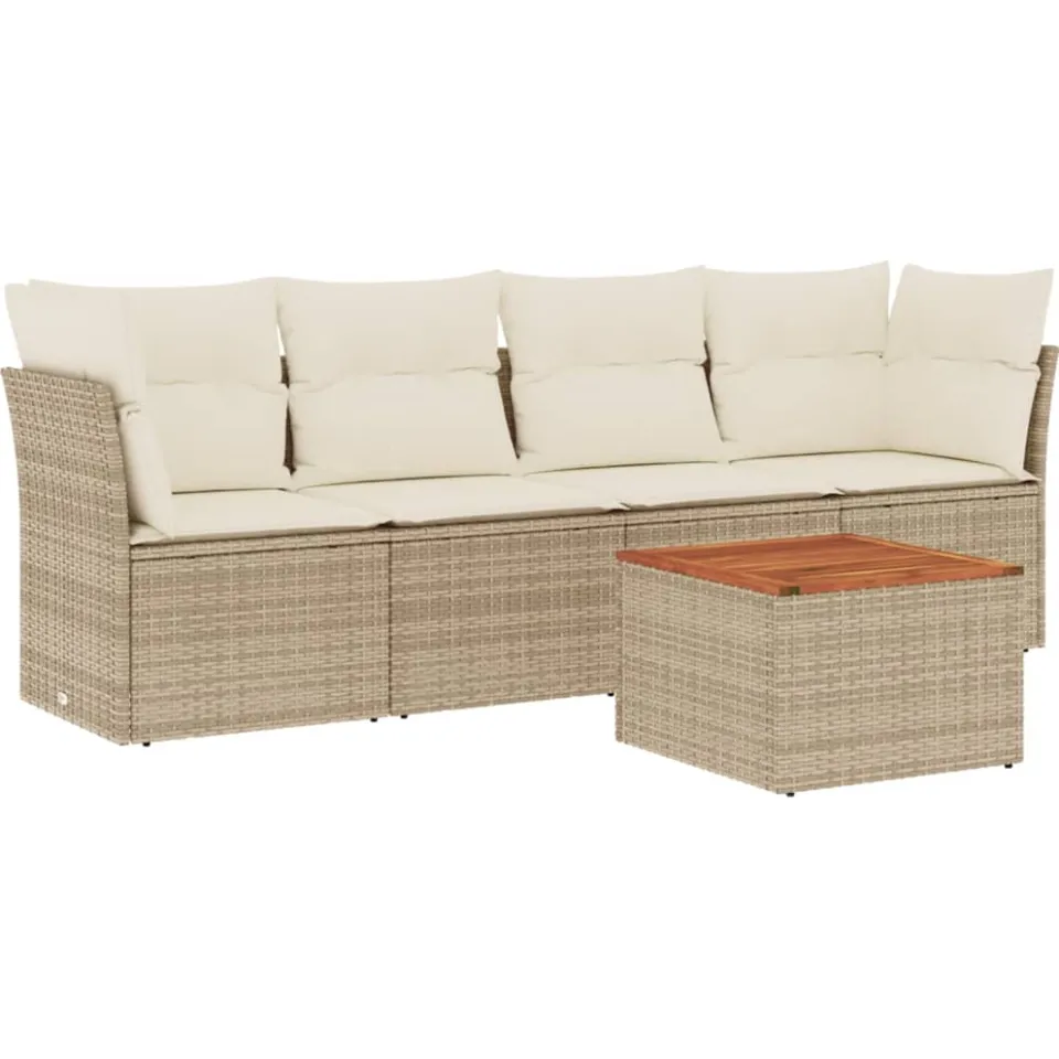 vidaXL 5-delige Loungeset met kussens poly rattan beige, foto 3