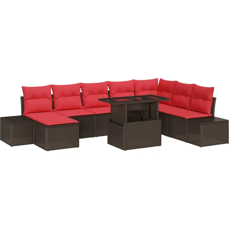 vidaXL Tuin Sofa Set 9 st Bruin en Rood poly rattan, foto 4