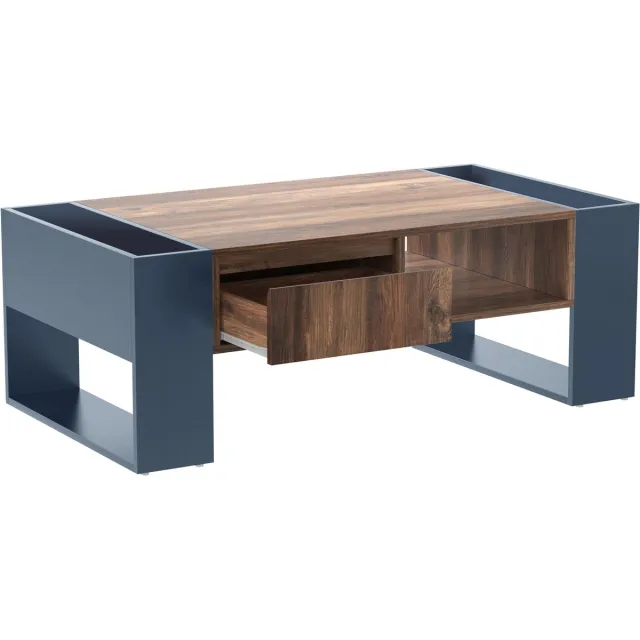 Clruro Salontafel - Houtlook - Griffeloze Lade - Staufach en Achterlade - Dubbelsidig Opbergruimte - Groot Opberggedeelte - Anthraciet - MDF Grijs/zwart