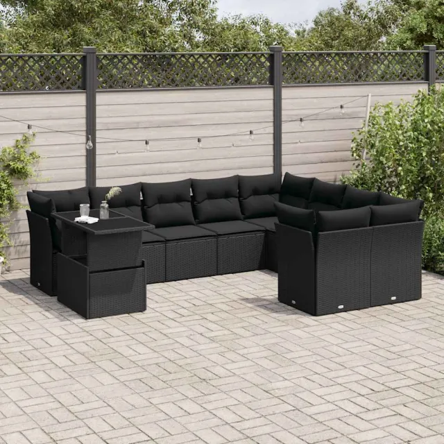vidaXL 10-delige Loungeset met kussens poly rattan zwart, foto 2