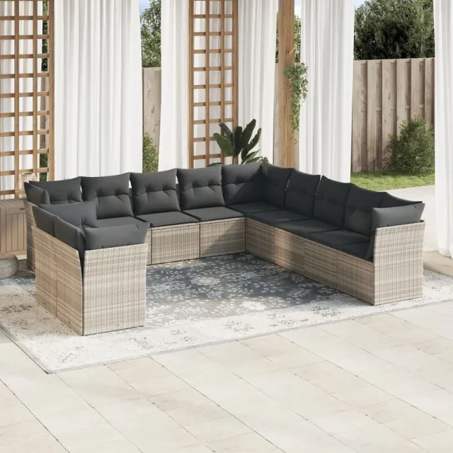 vidaXL 11-delige Loungeset met kussens poly rattan lichtgrijs grijs, foto 2
