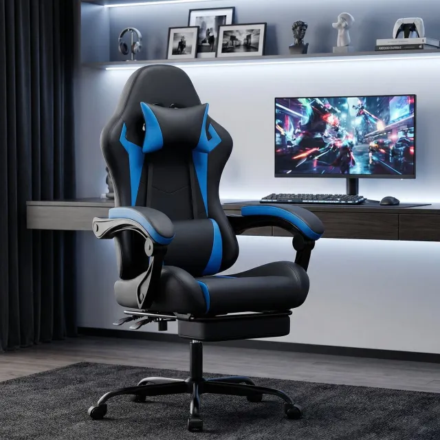 Wishdor Gamingstoel - Ergonomisch - Lendenkussen en hoofdsteun - Verstelbare zithoogte - Kantelbare rugleuning - Met armleuningen en voetsteun - Zwart blauw