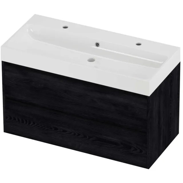 Proline Podium Badmeubelset Polystone Loft 2 Kraangaten Greeploos 100x46x62 cm Glans Wit Black Oak