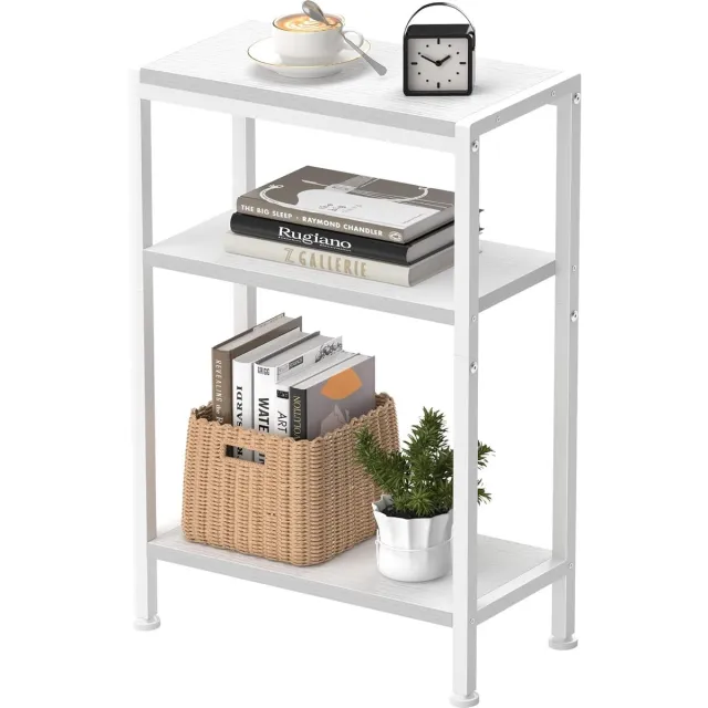 Famanu Smal bijzettafel met 2 compartimenten en opbergruimte, bijzettafel voor sofa, kleine tafel voor woonkamer, slaapkamer, keuken en balkon – ideaal voor smalle ruimtes (wit, 3 planken