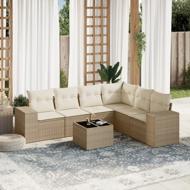 vidaXL 7-delige Loungeset met kussens poly rattan beige, foto 2