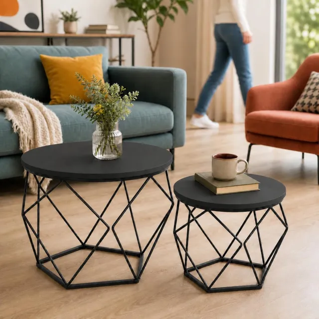 Famanu Bijzettafel set van 2, Ø 50 en 40 cm, zwart