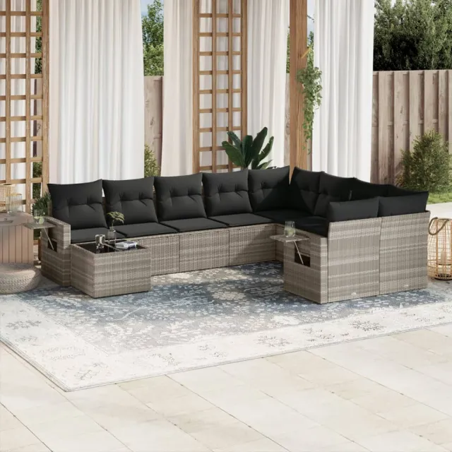 vidaXL 10-delige Loungeset met kussens poly rattan lichtgrijs grijs, foto 2