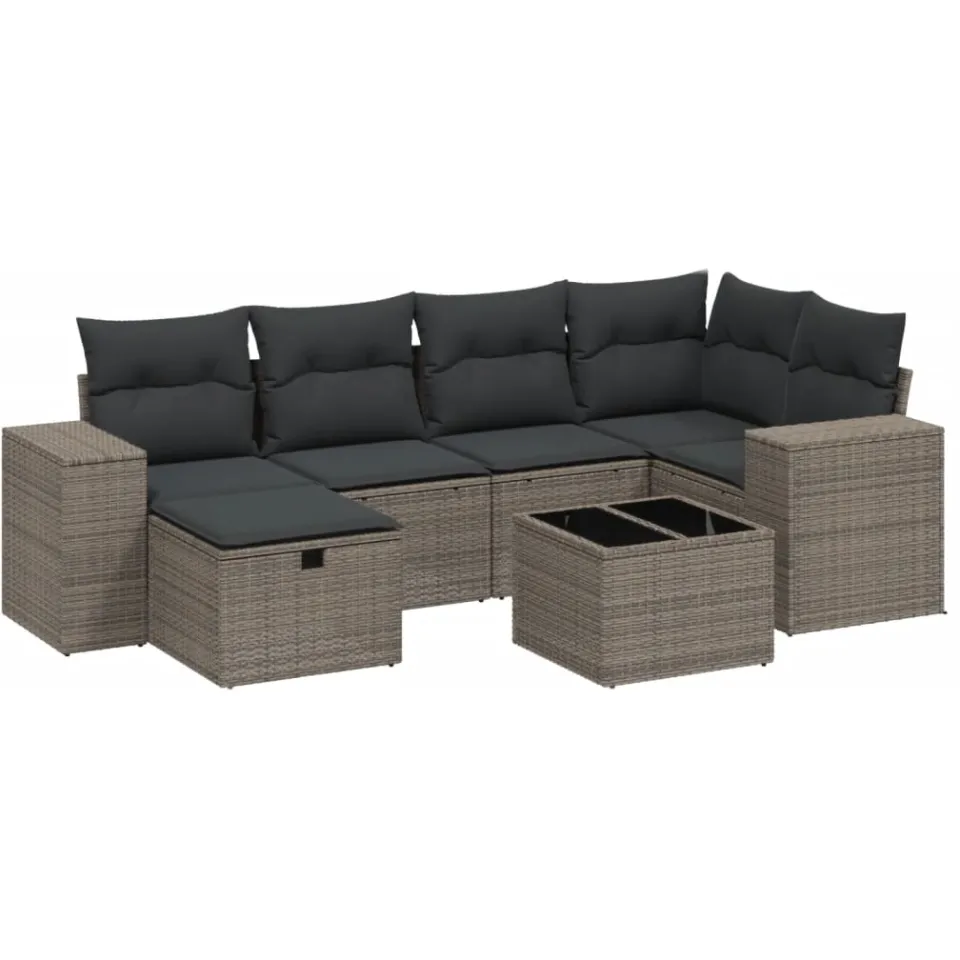 vidaXL 7-delige Loungeset met kussens poly rattan lichtgrijs grijs, foto 4