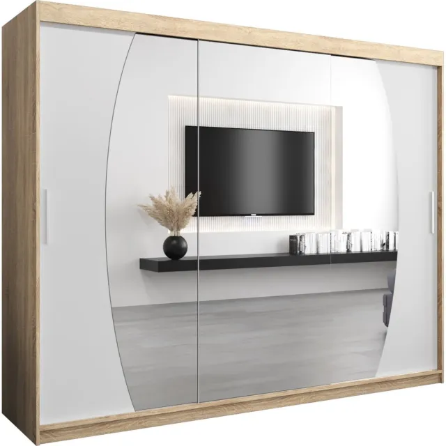 InspireME Kledingkast met 3 schuifdeuren, Modern-stijl, Een kledingkast met planken en een spiegel (BxHxD): 250x200x62 - GLOBE 250 Sonoma Eik + Wit Mat mat 4 lades