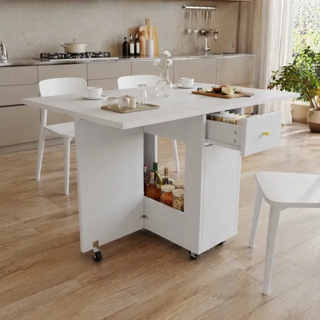 MEUNIQ Klapbare eettafel 120 x 75 x 75 cm met 2 lades, open opbergruimte en zwenkwielen voor keuken, eetkamer en woonkamer, wit White