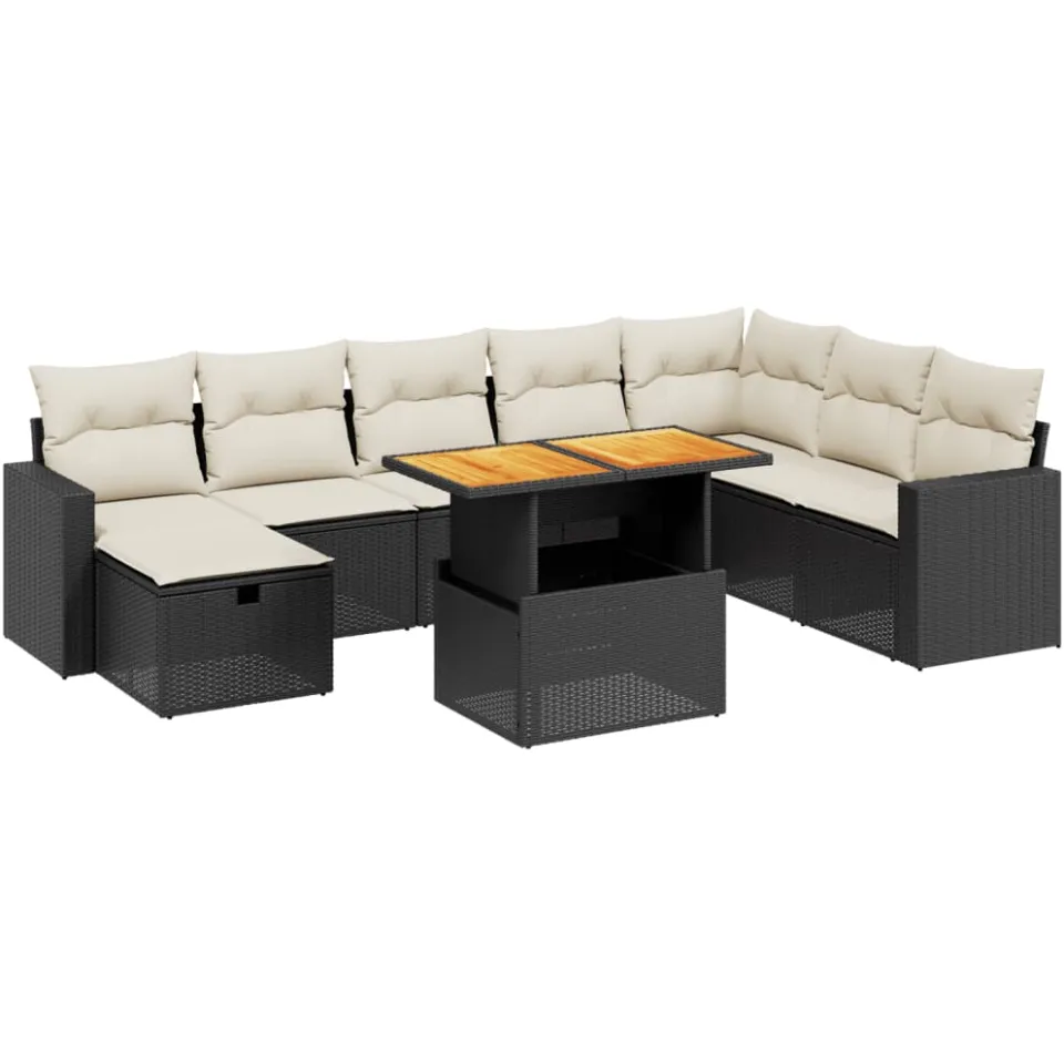 vidaXL 9-delige Loungeset met kussens poly rattan zwart