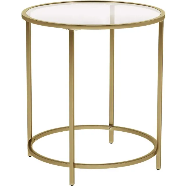 Vasagle bijzettafel rond, glazen tafel met gouden metalen frame, kleine salontafel, nachtkastje, bankstel, balkon, robuust gehard glas, stabiel, decoratief, goud
