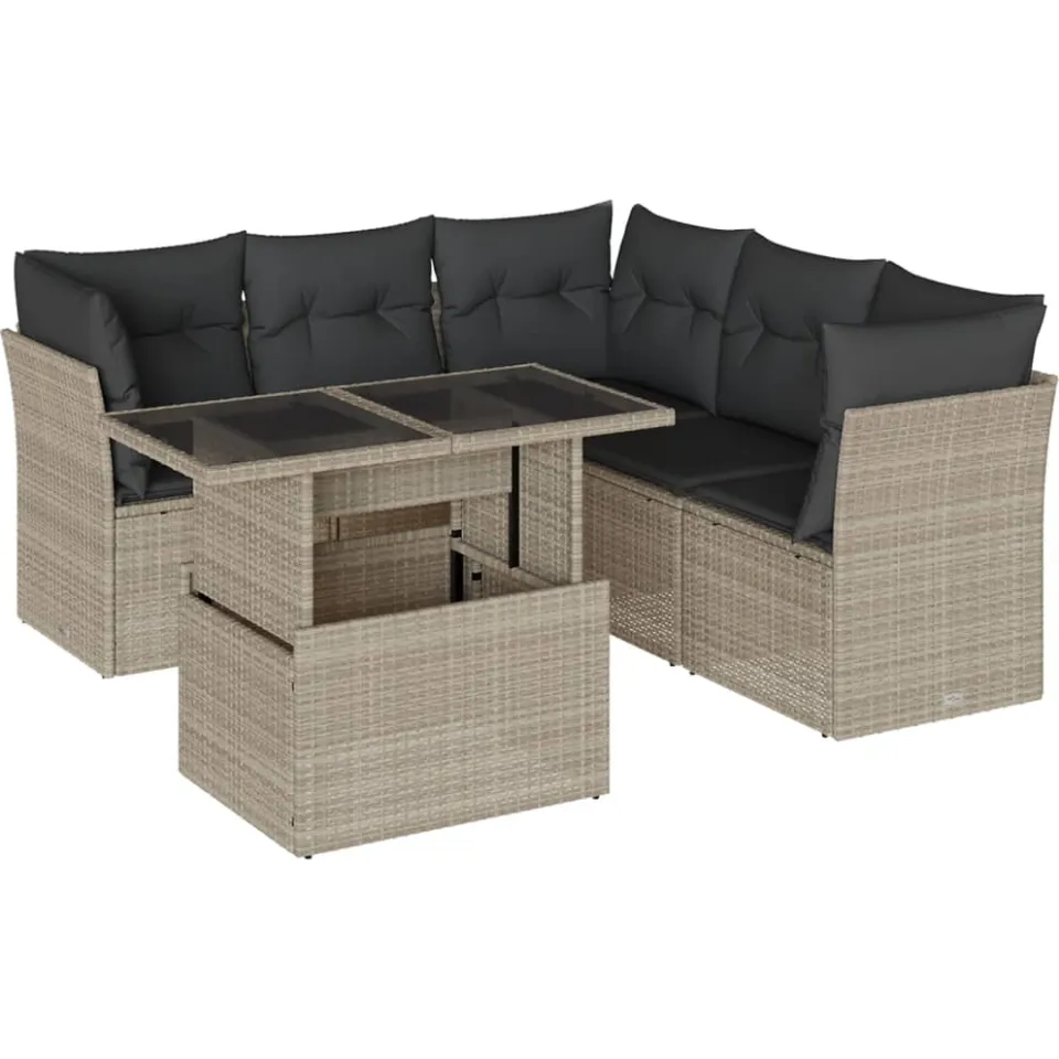 vidaXL 6-delige Loungeset met kussens poly rattan lichtgrijs grijs, foto 3