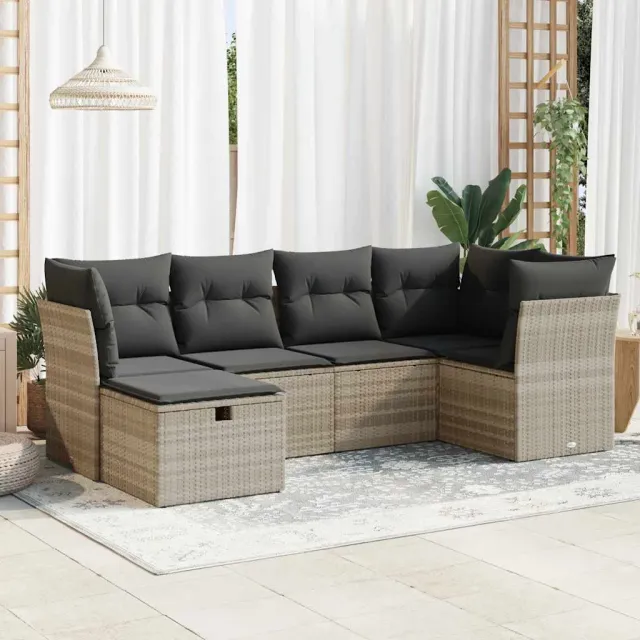 vidaXL 6-delige Loungeset met kussens poly rattan lichtgrijs grijs, foto 2
