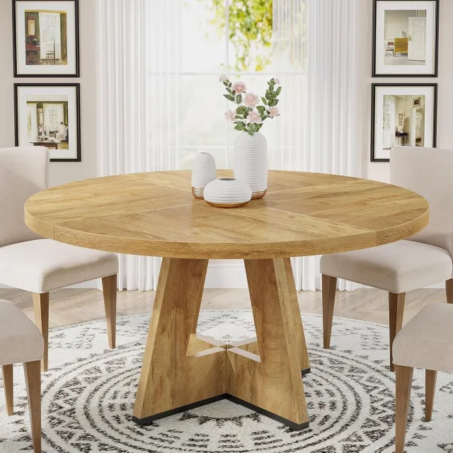 Tribesigns Ronde Eettafel - 120x120x75 cm - Landelijke Design - Licht Hout - Houten Eettafel voor Eetkamer, Keuken, Woonkamer