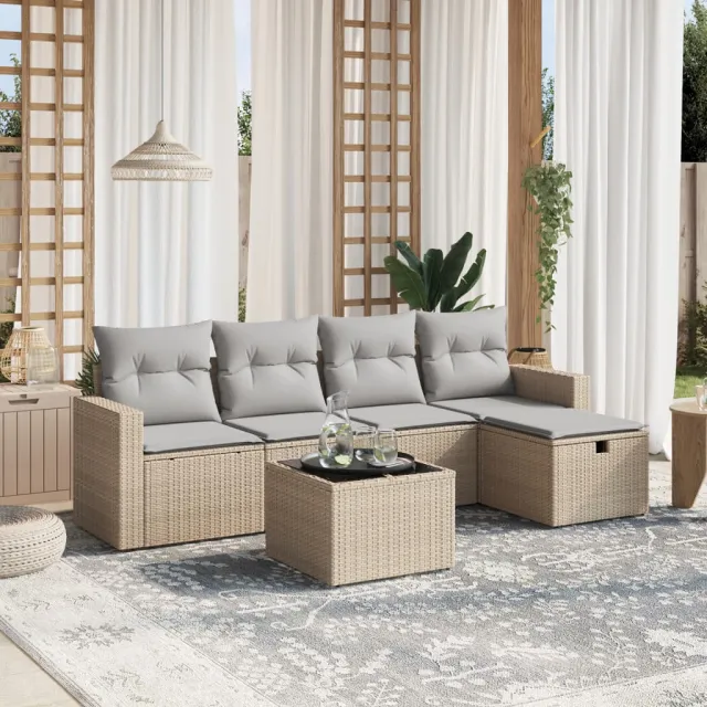 vidaXL 6-delige Loungeset met kussens poly rattan gemengd beige, foto 2