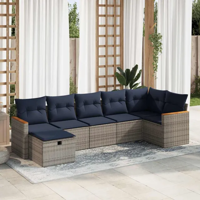 vidaXL 7-delige Loungeset met kussens poly rattan grijs, foto 2