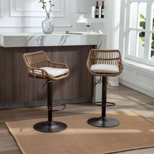 MUVANO Rotan barkrukken set van 2 - In hoogte verstelbare barkruk - Met armleuning en rugleuning - 65-85cm - 360 graden draaibaar - Keuken Beige