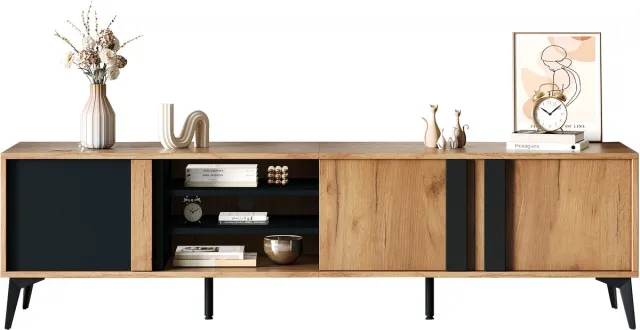 MEUBLE COSY TV Meubel - Met 3 Deuren En Open Vakken 180 cm - Hout en Zwart Bruin