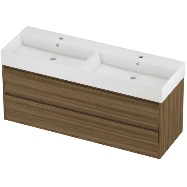 Proline Zara Badmeubelset Porselein Loft 2 Gaten 140x46x65 cm Glans Wit Caramel Walnut Houtlook