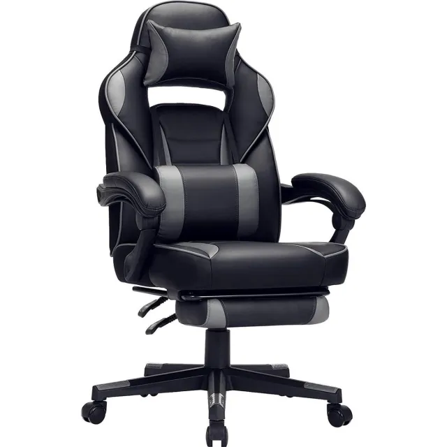 Bobbel Home Gaming chair, bureaustoel met voetsteun, bureaustoel met hoofdsteun en lendenkussen, in hoogte verstelbaar, ergonomisch, 90-135° kantelhoek, tot 150 kg draagvermogen, zwart-grijs OBG073B03 zwart / grijs