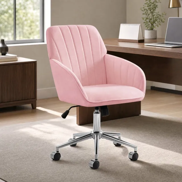 REDOM Bureaustoel met armleuningen - Verstelbare zithoogte en 360° draaibaar - Met wielen - Velvet - Roze - Voor bureau en slaapkamer - 60 x 58 x 96 cm Pink