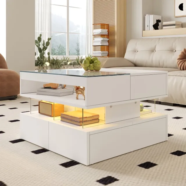 Clruro Salontafel - Hoogte Verstelbaar met 16-Kleuren LED - Glasblad en Acryl Onderstel - Glas Acryl - Wit