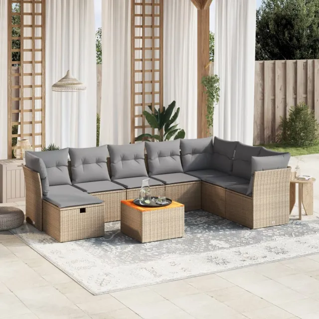 vidaXL 9-delige Loungeset met kussens poly rattan gemengd beige, foto 2