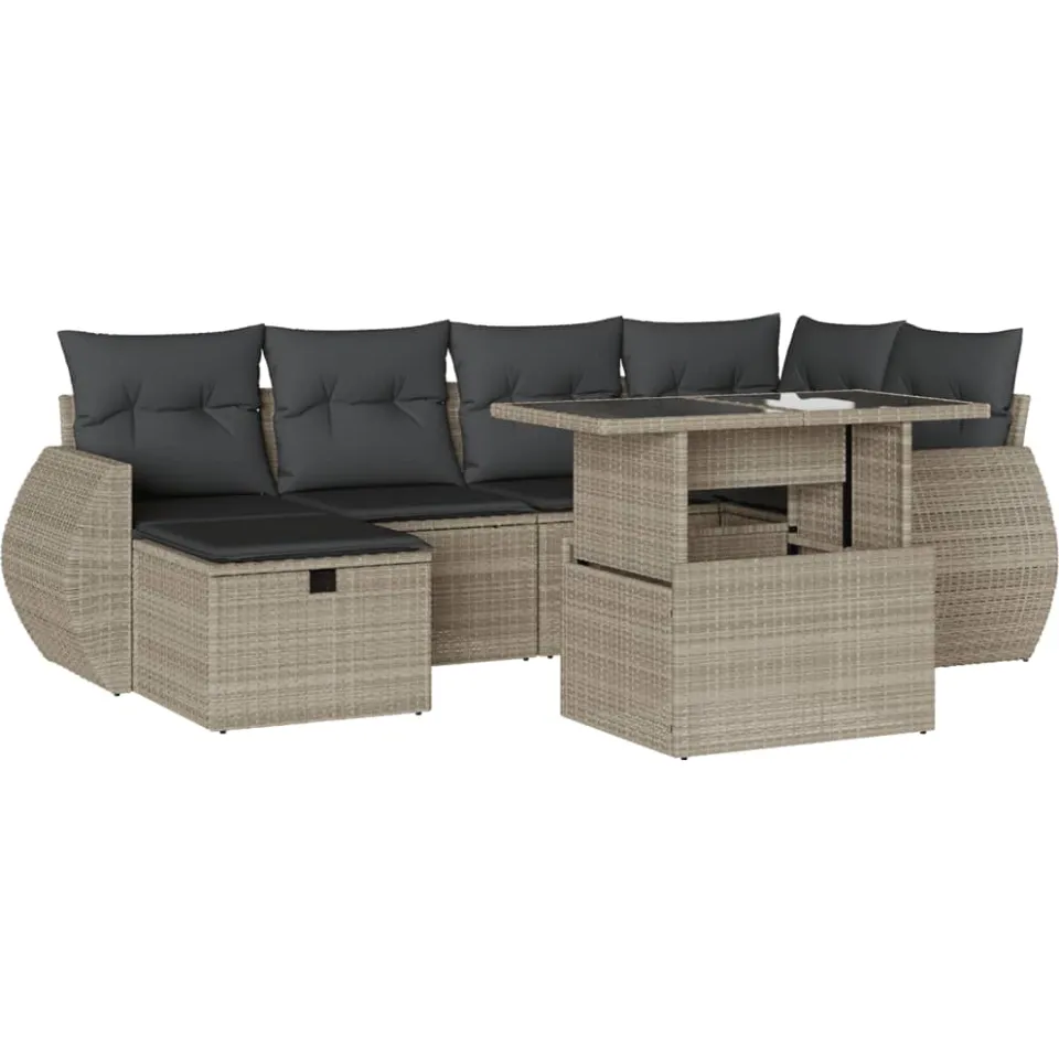 vidaXL 7-delige Loungeset met kussens poly rattan lichtgrijs grijs, foto 3