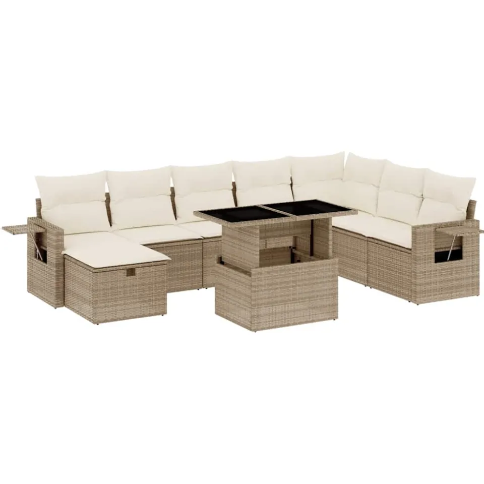 vidaXL 9-delige Loungeset met kussens poly rattan beige