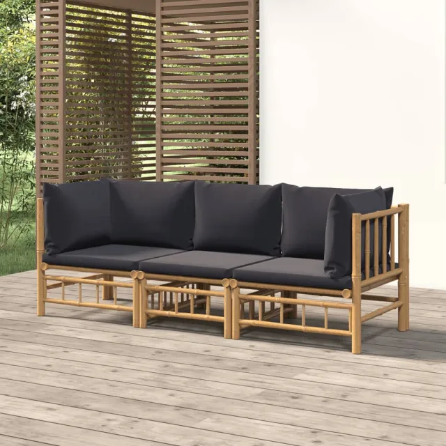 vidaXL 3-delige Loungeset met kussens bamboe donkergrijs bruin, foto 2