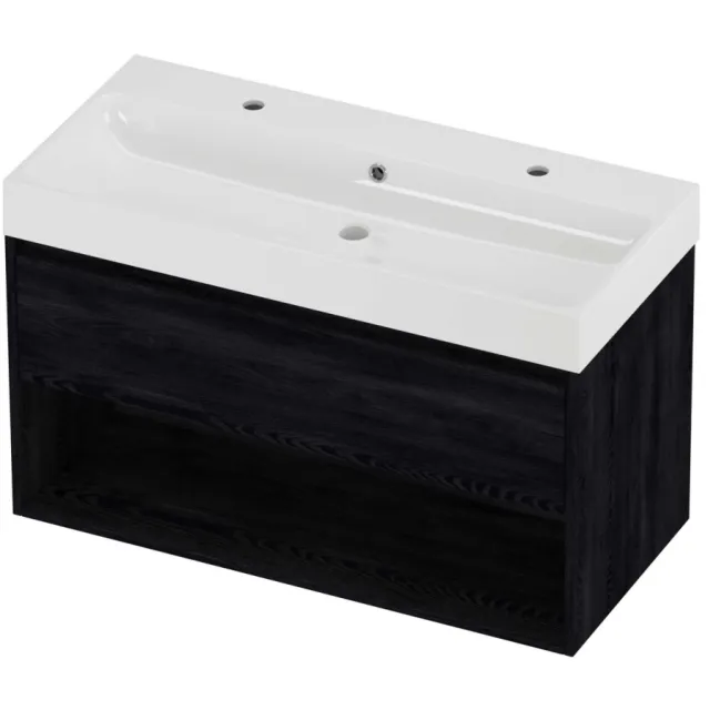 Proline Podium Badmeubelset Polystone Loft 2 Kraangaten Met Schap 100x46x62 cm Glans Wit Black Oak Eiken