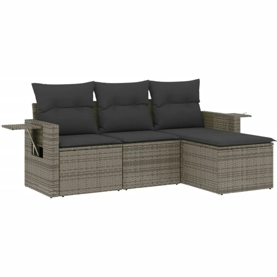 vidaXL 4-delige Loungeset met kussens poly rattan grijs, foto 3