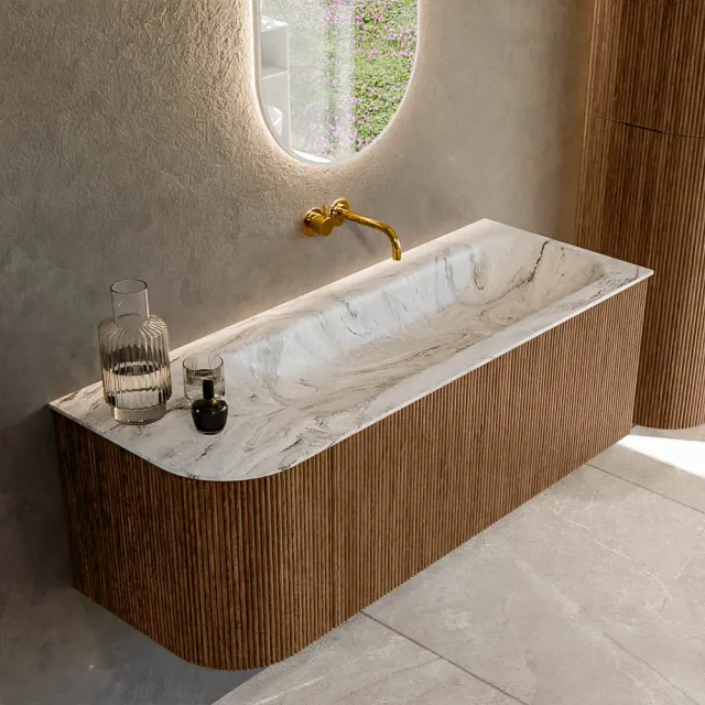 Mondiaz KURVE-DLUX 125 cm Onderkast Greeploos 1 Lade Met Deuren Walnut, Wastafel Solid Surface Rechts Glace 0 Kraangaten Zonder Spiegel (KRVBGM125L1L1D0KR-Wal/Gla)