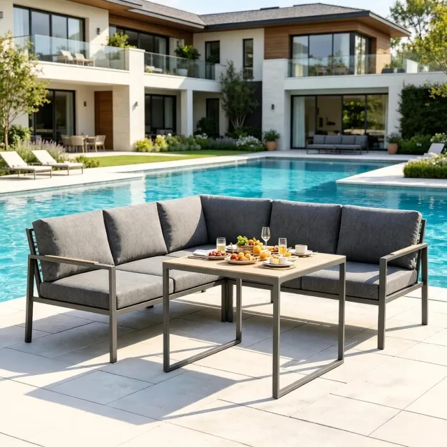 MIVRAY Hoek Loungeset 183 X 183 X 72 Cm - Met Tafel En Kussens - Voor Tuin En Terras - Metaal En Polyester - Donkergrijs dunkelgrau