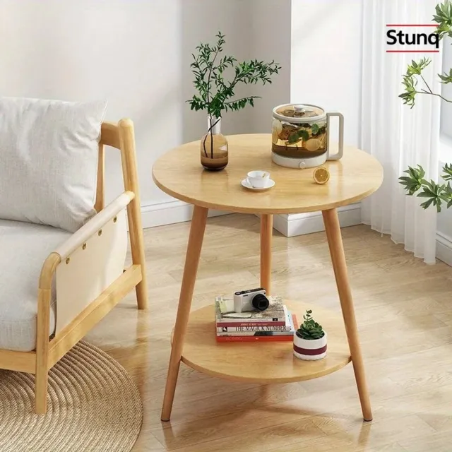 Stunq Scandinavische bijzettafel 2 niveaus, ronde houten salontafel met 3 poten – logkleur Bruin