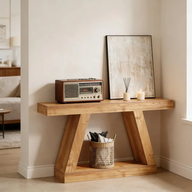 DESMIU Sidetable - Landelijke Konsolentafel Met Opbergruimte - Voor Hal En Woonkamer - MDF - Naturel - 140x30x80 Cm Natural
