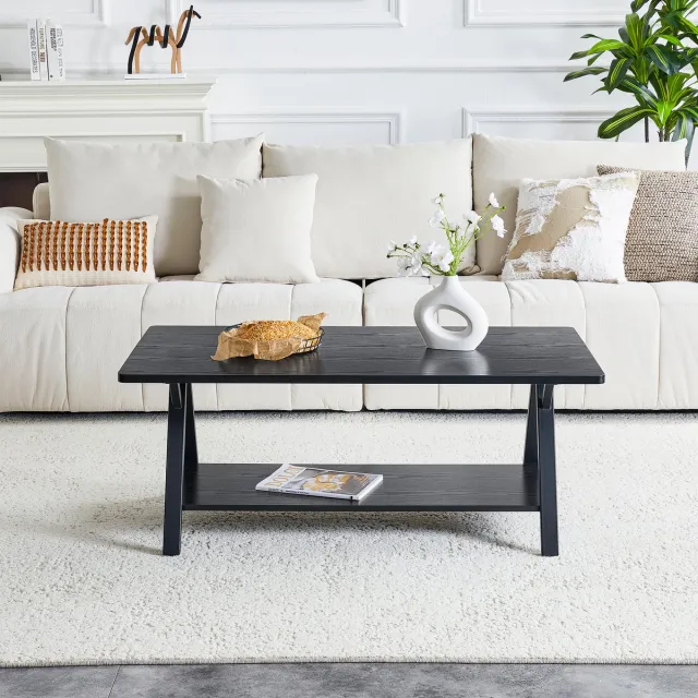 REDOM Salontafel - Opbergrek En X-Vormig Frame - Industrieel - Woonkamer - MDF En Metaal - Zwart - 110 X 57 X 44,5 Cm