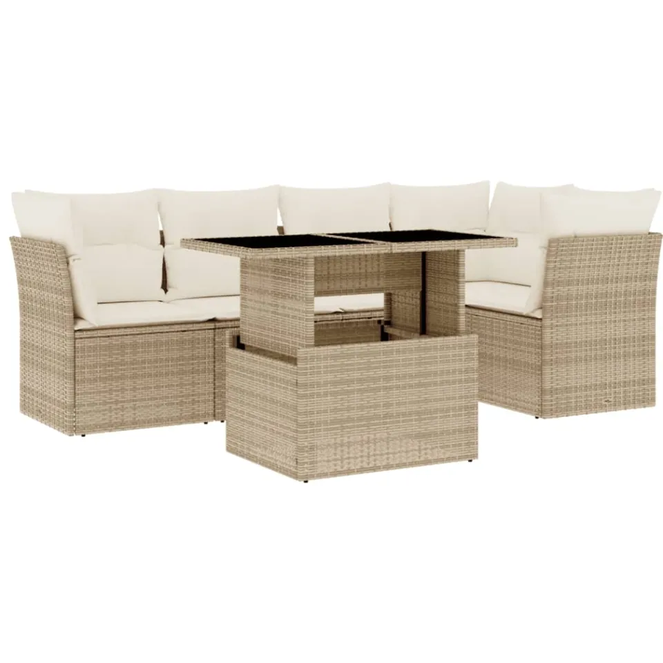 vidaXL 6-delige Loungeset met kussens poly rattan beige, foto 3