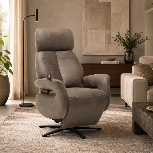 The Seats Relaxfauteuil Milo – Microleder – Sta-op stoel - Elektrisch Verstelbaar – Met Accu – 2 Motoren – 360° Draaibaar – Liver