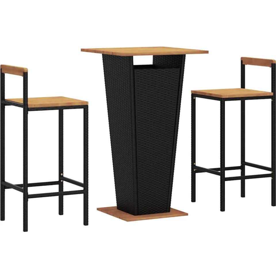 vidaXL 3-delige Tuinbarset poly rattan en massief acaciahout zwart
