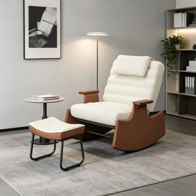 ROSAHQNDA Schommelstoel 81x51x81 cm met voetenbank, verstelbare relaxstoel met 3 standen rugleuning en hoofdsteun, comfortabele teddy fauteuil voor woonkamer, beige