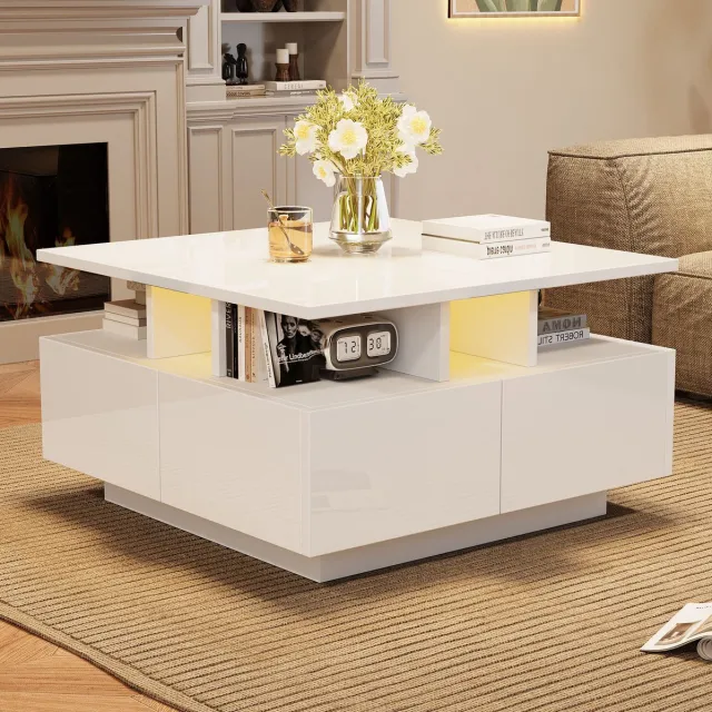 HAUSS SPOLE Salontafel - Hoogglans Met Ledverlichting En 4 Lades - Voor Kleine Woonkamer - Spaanplaat - 70 x 70 x 40 Cm - Wit