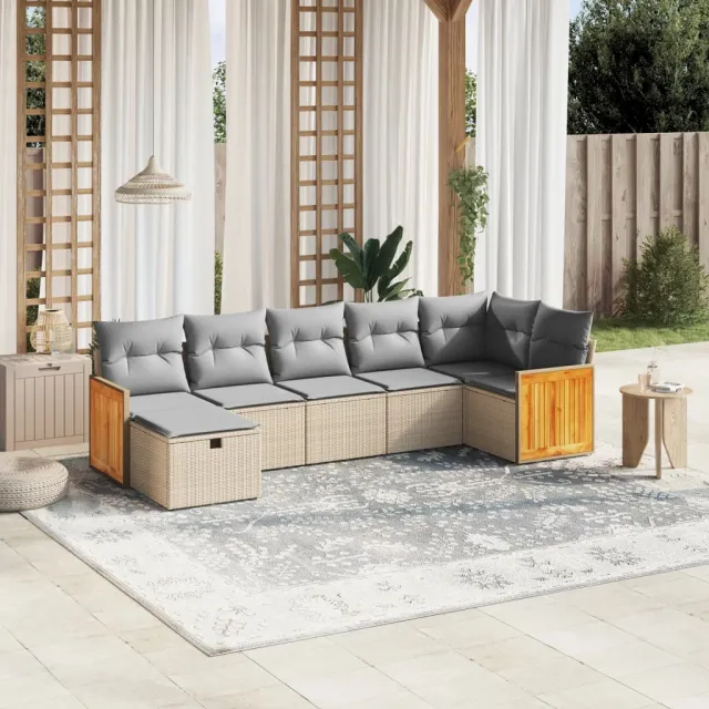vidaXL 7-delige Loungeset met kussens poly rattan gemengd beige, foto 2
