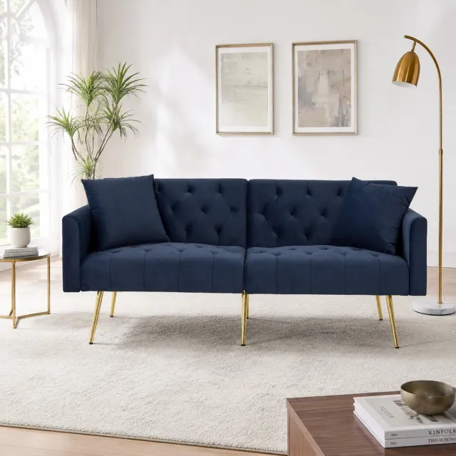 COVREO 2-zits slaapbank 177x78x74 cm - blauw velvet, verstelbare rugleuning, met 2 kussens