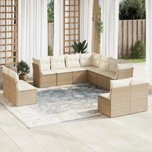 vidaXL 11-delige Tuinset met kussens poly rattan beige, foto 2