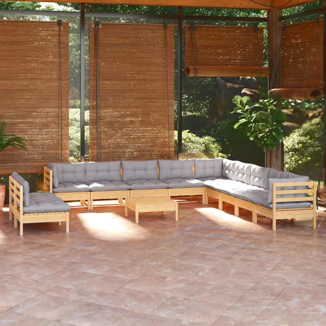 vidaXL 12-delige Loungeset met grijze kussens massief grenenhout grijs, foto 2